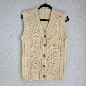 Vtg 80s‎ Sears Women's Large Button Down Sweater Vest Ivory Cable Knit Grandpa